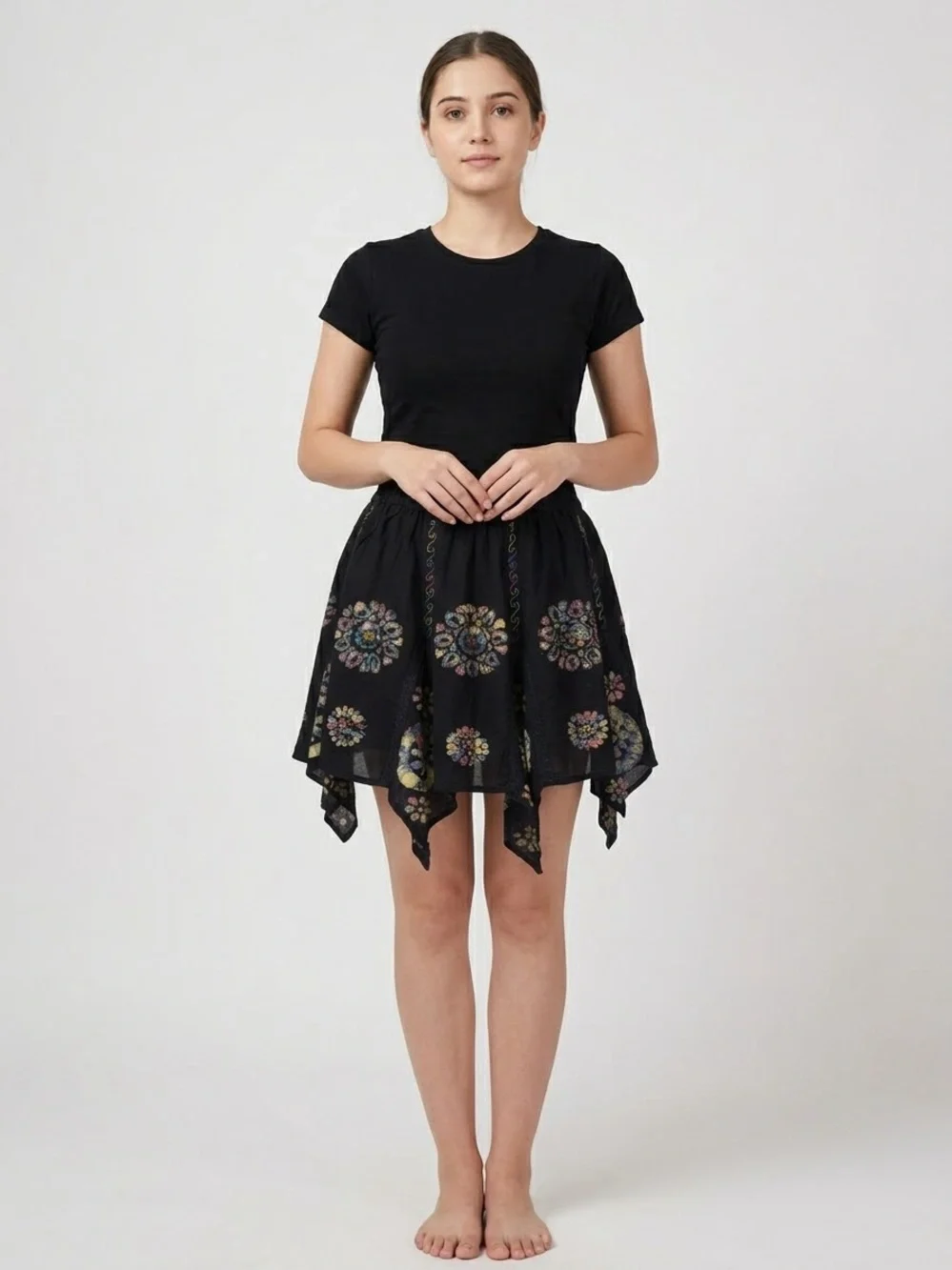 Shoreline Vintage Hand Batik Patchwork Pixie Point Handkerchief Hem Mini Skirt